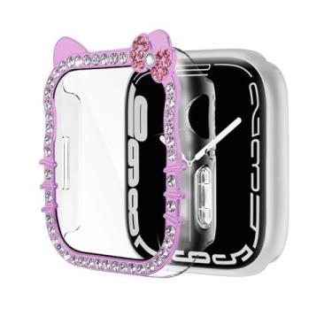 Imagem de Capa de desenho animado de gato com strass compatível com Apple Watch 11/10/9/8/7/6/5/4/SE, capa protetora transparente e fofa para séries de 40 mm, 41 mm, 42 mm, 44 mm, 45 mm, 46 mm (roxo, série 7/8