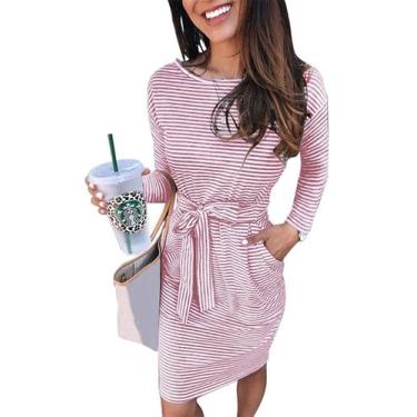 Imagem de Vestido PRETTYGARDEN Listras Pequenas Rosa Manga Longa com Cinto na Ci