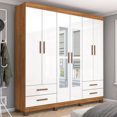 Imagem de Guarda-Roupa Casal Mondo 6 Portas 4 Gavetas com Pés e Espelho Cinamomo/Branco - Pnr Móveis