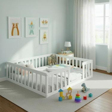 Imagem de Cama Queen Montessoriana Branco Madeira Maciça Resistente