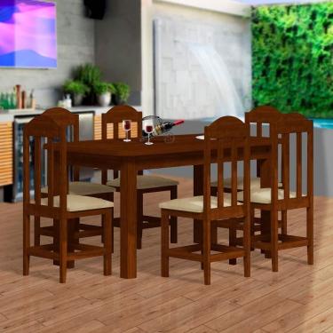 Imagem de Mesa Com 6 Cadeiras Madeira Maciça Castanho Assento Estofado