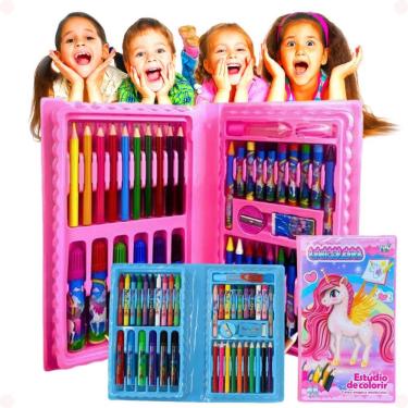 Imagem de Maleta de Pintura Infantil OEM 48 Peças com Giz de Cera Lápis de Cor Canetinhas e Cola Rosa