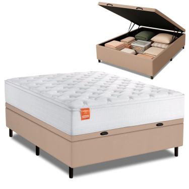 Imagem de Cama Box Baú Colchão Casal Molas Ensacadas Real 138x188x68cm Branco / Bege Inducol - Su...