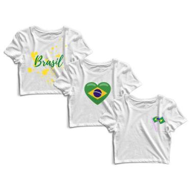 Imagem de Kit 3 Blusas Cropped Blusinha Camiseta Feminina Brasil Coração Copa Ba