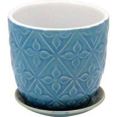 Imagem de Cachepot Em Cerâmica Azul E Folhas Com Prato Acoplado - Casa Del Grand