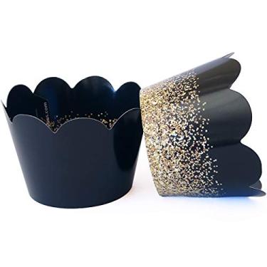 Imagem de Pretty Cute Studios Formatura preta/dourada, envoltórios de cupcake de aposentadoria, 50 unidades, tamanho ajustável, design de glitter dourado, copos de papel descartáveis para assar