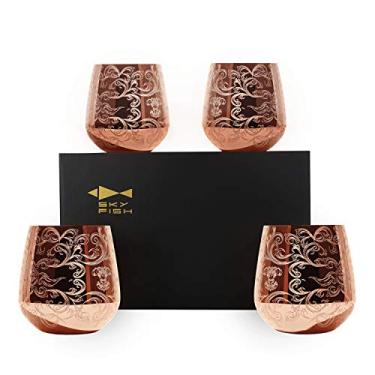 Imagem de Óculos de vinho com bordas de aço inoxidável sem haste da Sky Fish, banhado a cobre de 453 ml, conjunto com 4