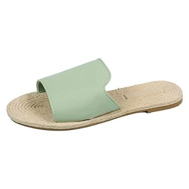 Imagem de Sandálias planas moda verão bico aberto palha fundo plano simples praia uso externo casual feminino sandálias tamanho grande (verde, 9)
