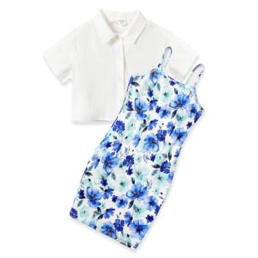Imagem de PATPAT Vestido feminino de 2 peças, vestidos e blusa de botão cropped para 5 a 12 anos, Azul claro, 6-7 Years