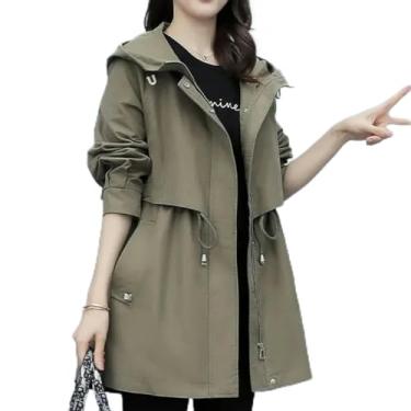 Imagem de Casaco trench coat com capuz cordão solto bolso sólido jaqueta coreana escritório feminino comprimento médio casual agasalho