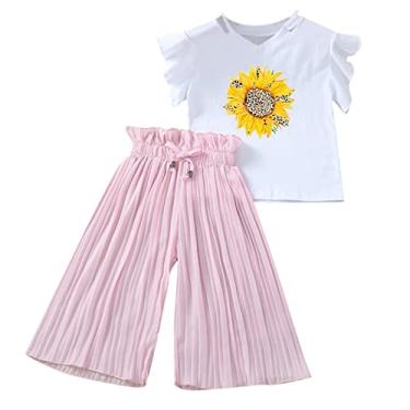 Imagem de BILIKEYU Conjunto de roupas infantis para meninas, verão, girassol, camiseta, chiffon, franzido, calça solta, rosa, 3 Anos