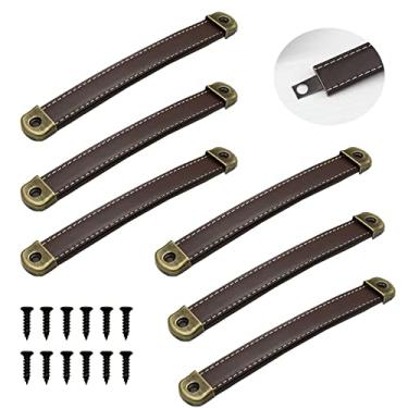 Imagem de OLAYA Puxador de couro para mala de mão, puxador de gaveta, mesa de vestir, maçaneta de 6 peças, puxador de substituição, armário de metal, mesa de vestir, bagagem, com parafusos (6 peças, preto