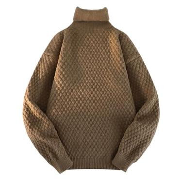 Imagem de Suéter masculino tricotado com gola rolê cor sólida suéter vintage gola rolê, Cáqui, 3G