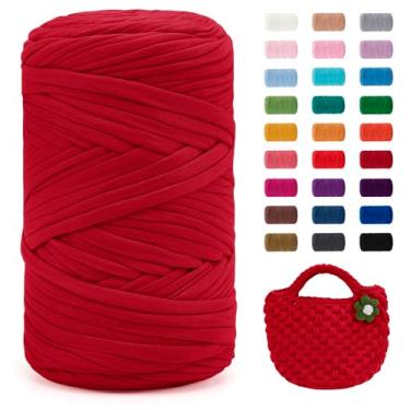 Imagem de JeogYong Fio de camiseta, 400 g/130 jardas tecido super macio de tecido de crochê, fio grosso de tricô à mão para sacos/cestas/tapetes, decoração de casa, artesanato DIY (vermelho vinho)