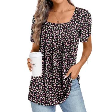 Imagem de Anymiss 2024 Túnica feminina primavera verão casual manga curta blusa de praia folgada camisas havaianas, S - flor quebrada preta, M
