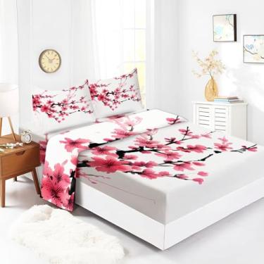Imagem de Jogo de lençol King Size rosa flores de cerejeira branco estampado ultra macio 100% microfibra - 40,6 cm com bolso profundo respirável e confortável conjunto de lençóis - 4 peças