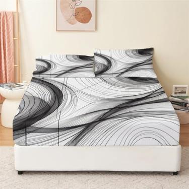 Imagem de Bhoyctn Jogo de lençol de solteiro macio – lençóis de cama cinza de luxo com linhas geométricas, lençol de bolso profundo com elástico e respirável, lençol sem rugas