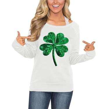 Imagem de For G and PL Moletom feminino de manga comprida verde dia de São Patrício camiseta irlandesa casual engraçada, Trevo branco, P