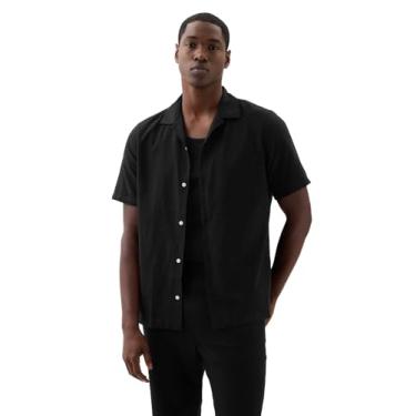 Imagem de GAP Camisa masculina de manga curta com gola resort de linho e ajuste padrão, Preto, G