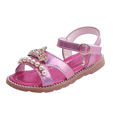 Imagem de Sandálias infantis para meninas pequenas sandálias de pérola plana para crianças grandes sapatos de praia meninas sapatos de princesa, Rosa choque, 8 Big Kid