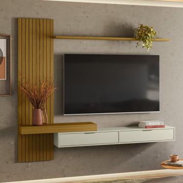 Imagem de Painel Italy Ripado P/Tvs até 65 Polegadas 180cm Tv na Parede Nicho C/Portas Basculante Cedro/Off White - Olivar Móveis