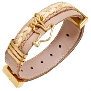 Imagem de Pulseira de Couro Feminina Ajustável Pingente Espirito Santo Dourado Religião