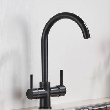 Imagem de Torneira de cozinha com filtro cromado para água potável pura, torneira de cozinha montada no deck, alças duplas, misturador de água quente e fria de 3 vias, preto fosco B