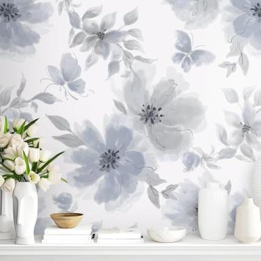 Imagem de Guvana Papel de parede de contato floral azul para quarto decoração de sala de estar 44 x 199 cm papel de parede azul moderno aquarela flor papel de parede borboleta autoadesivo