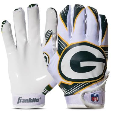 Imagem de Franklin Sports Luvas de receptor de futebol americano juvenil da NFL Green Bay Packers – Luvas receptoras para crianças – Logotipos da equipe NFL e palma de silicone – Par juvenil M/G