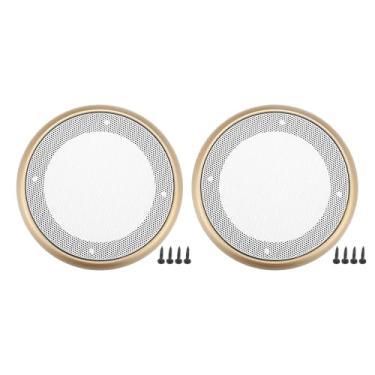 Imagem de ACROPIX Capa universal de grade de alto-falante de carro de 10 cm redonda de malha para alto-falante de áudio de 10 cm capa protetora de subwoofer com parafusos de montagem ferro ABS dourado branco -