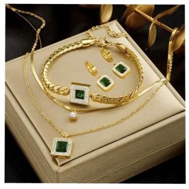 Imagem de Kit 2 cordões + par de brincos + pulseira - banhado a ouro - ToJoia18k