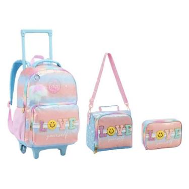 Imagem de Mochila Infantil Rodinha Love com Lancheira e Estojo 100 Pens Rosa - S