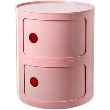 Imagem de Mesa de cabeceira redonda de plástico de 2/3/4 níveis de armazenamento com gavetas e porta deslizante, armário de cabeceira moderno nórdico para quarto, rosa, 30 x 40 cm