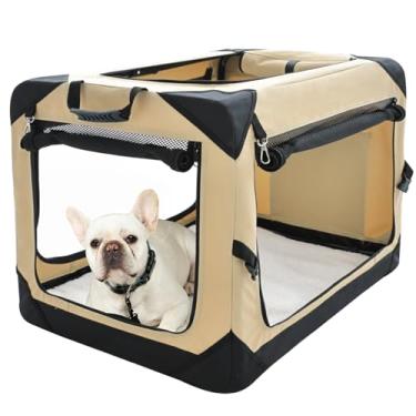 Imagem de Pettycare Canil dobrável macio para cães de 66 cm com janelas de malha à prova de mastigação, caixa para cães de viagem interna e externa, caixa lateral macia para cães, bege