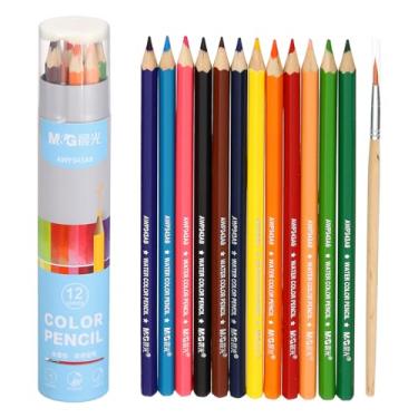 Imagem de M&G Conjunto de lápis de cor com 12 cores, 12 peças de lápis de cor para desenho, materiais de arte solúveis em água para iniciantes e adultos, presentes de livros de colorir com suporte de lápis azul