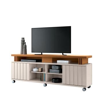 Imagem de Rack Bancada Sala Estar TV Até 70 Polegadas 2 Portas Ripadas 2 Prateleiras E 6 Rodízios Briz 1.8