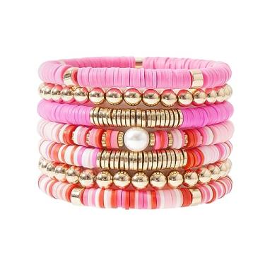 Imagem de LYNMOS Conjunto de pulseiras coloridas Heishi com contas de argila para mulheres empilháveis disco de vinil com contas de polímero, pulseiras elásticas preppy boêmio verão pulseiras de praia joias, 6.8 Inch, Argila de polímero, Sem pedras preciosas