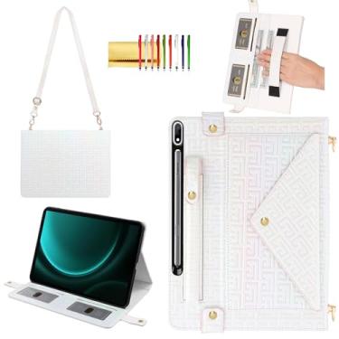 Imagem de Capa brilhante para Samsung Galaxy Tab S10+ 2024/S9 FE+ 2023/S9+ Plus de 12,5 polegadas, capa carteira com suporte para caneta + compartimentos para cartões + alça de mão + alça de ombro, branco