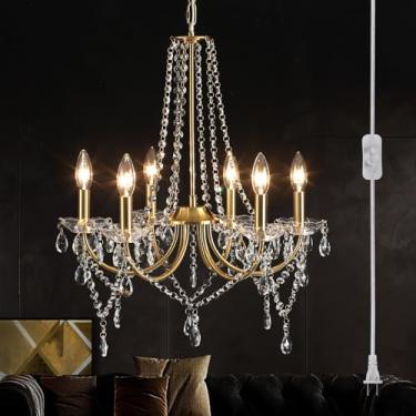 Imagem de LXWNYY Iluminação De Lustre De Cristal Dourado Plug In Com Cabo Longo, Lustre Moderno De 6 Luzes, Lustre De Cristal Plug In, Lustre Pendente Clássico Para Sala De Jantar, Quarto, Sala De Estar, Cozi