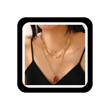 Imagem de Zeshimb Colar de cristal de coração vermelho com pingente de coração duplo, corrente de clipe de papel em camadas, colar de coração rosa, colar delicado de flores, colar de declaração de coração,