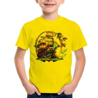Imagem de Camiseta Infantil Navio e Flores - Foca na Moda, Amarelo, 8