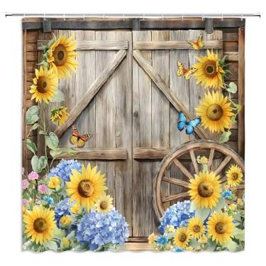 Imagem de Fsfusvk Cortina de chuveiro rústica girassol porta celeiro casa de fazenda borboleta ocidental vintage roda de madeira garagem país retro tecido poliéster conjuntos de cortinas de banheiro ganchos 180