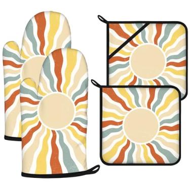 Imagem de Conjunto de luvas de forno e suportes de panela Boho Sun, 4 peças, luvas de forno extralongas para cozinha, cozinhar, assar, churrasco, 100% algodão, resistente ao calor