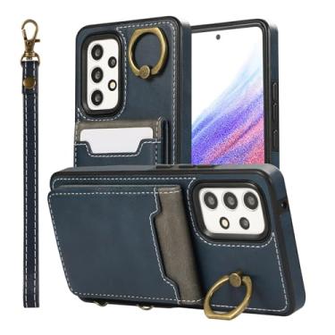 Imagem de Capa com design minimalista moderno para Samsung GalaxyA52 (5G) [4 compartimentos para cartão e suporte] Capa carteira de couro de bezerro com anel de metal e alça de pulso para mulheres e homens