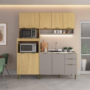 Imagem de Cozinha Modulada 1 Torre-quente 1 Balcão para Pia 1 Aéreo 10 Portas 2 Gavetas Ibiza Louro Freijó/Cinza