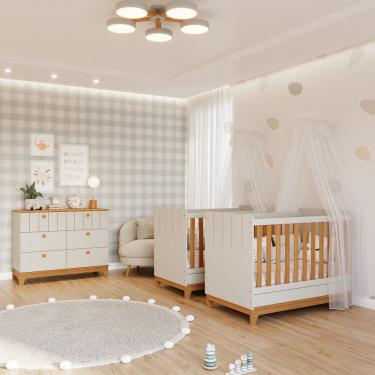 Imagem de Quarto Bebê Gêmeos com 2 Berços Mini Cama e Cômoda 6 Gavetas Liza Permobili