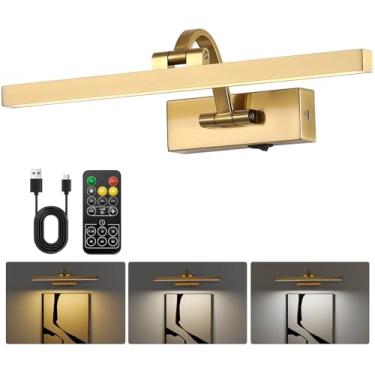 Imagem de DarHorz Luz de imagem operada por bateria, luz de arte regulável para pinturas com controle remoto, luz de pintura recarregável de latão para parede, arandela de parede sem fio de 15,5 polegadas para
