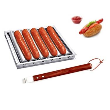 Imagem de Carvão de aço inoxidável Hot Dog Salsicha Rack vaporizador com alça de madeira extra longa Ferramentas de churrasco 5 Seções Brat Grille