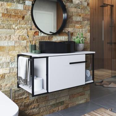 Imagem de Gabinete Suspenso Para Banheiro 80cm P1019 Branco Com Cuba Berlin Preta Preto/branco