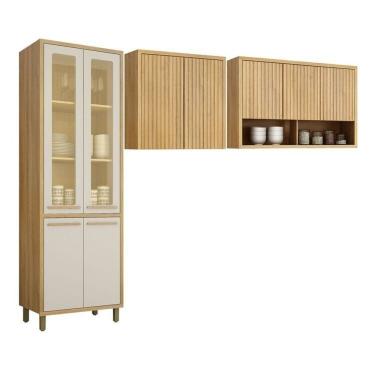 Imagem de Conjunto De Cozinha Armário Paneleiro 4 Portas Com Vidro E 2 Armários Aéreo Ripado Torino Cinamomo-off White